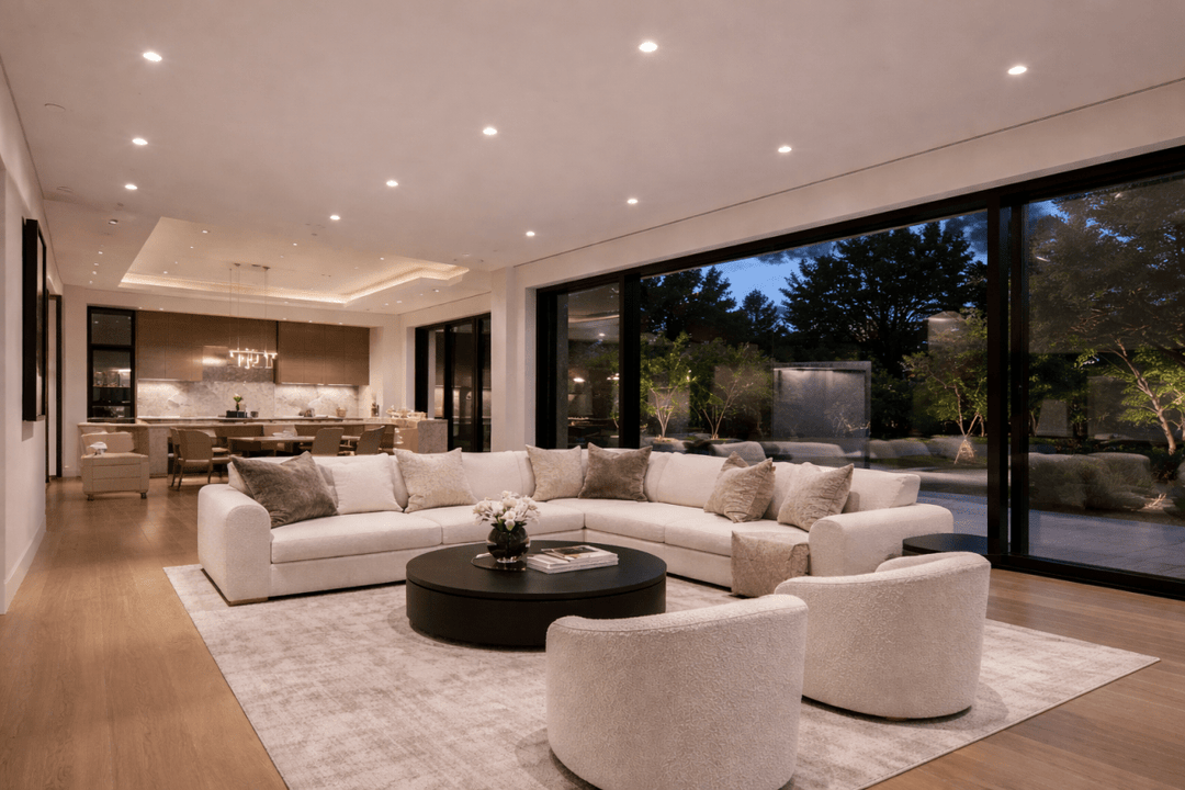 luxury living space lit up by NuWatt high end recessed lights