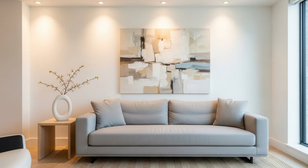 room interior warmly lit with recessed downlights from NuWatt, gray couch and modern accent table