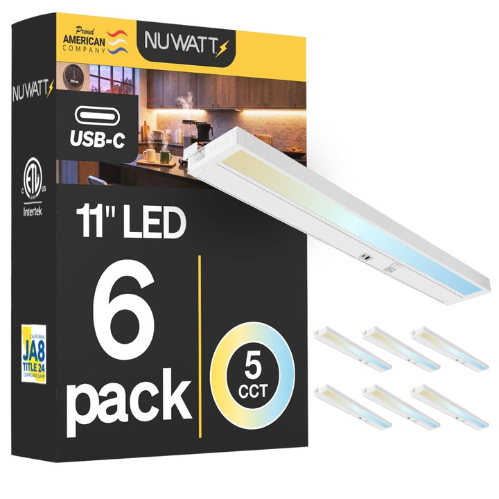 11 Inch White Kitchen Under Cabinet Light Bar - 5 CCT - With USB-A and USB-C - Hardwire or Plug In - Linkable - 90CRI - 350LM - Dimmable Under Counter Lighting
