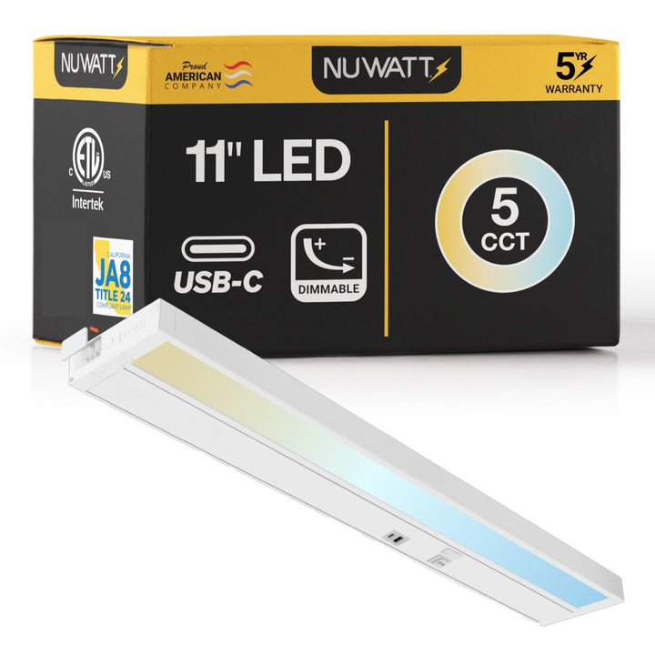 11 Inch White Kitchen Under Cabinet Light Bar - 5 CCT - With USB-A and USB-C - Hardwire or Plug In - Linkable - 90CRI - 350LM - Dimmable Under Counter Lighting