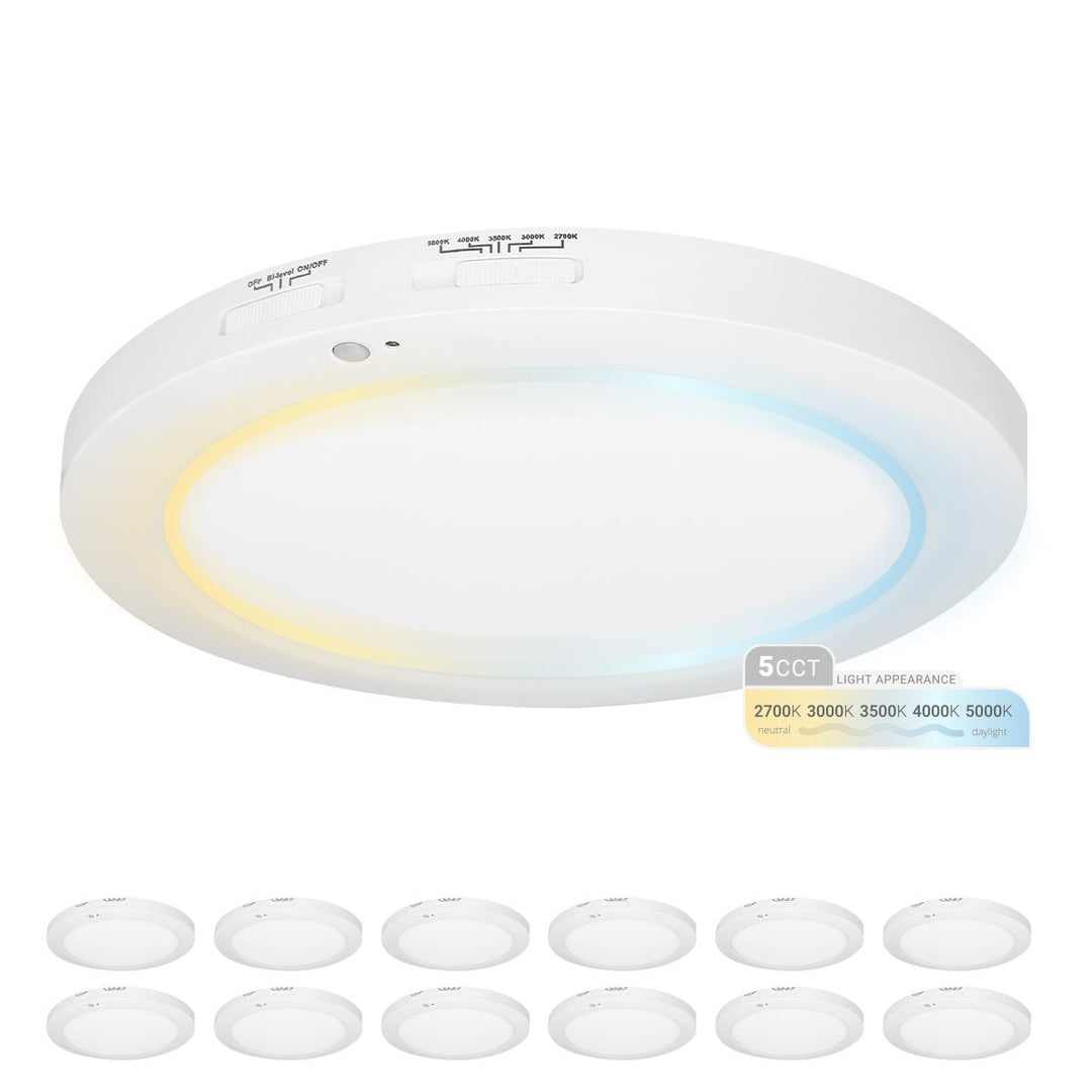 12 Inch Surface Mount LED Ceiling Light - Bi Level Motion Sensor - Dimmable - 5CCT Selectable - 23 Watts - 1950 Lumens - 120V