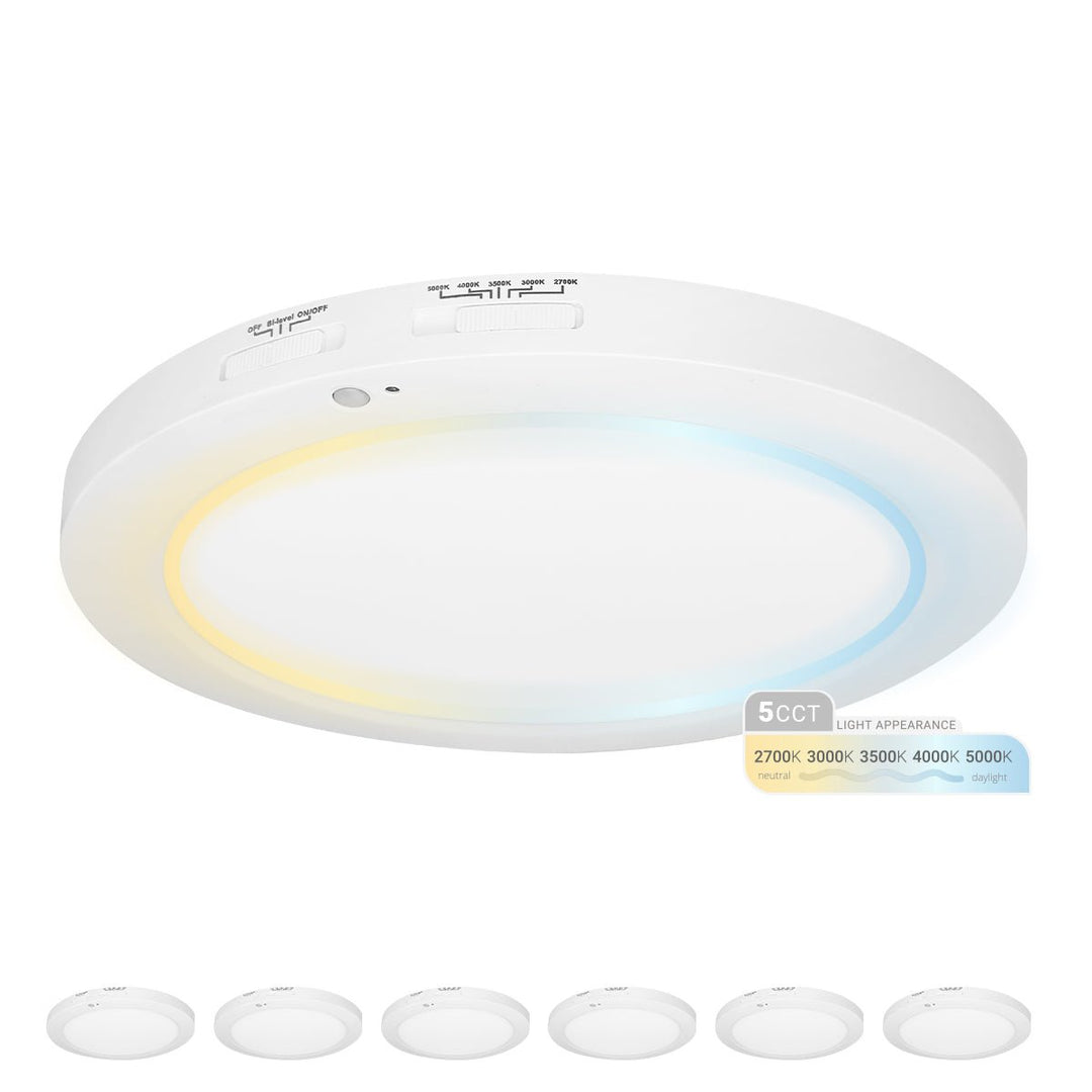 12 Inch Surface Mount LED Ceiling Light - Bi Level Motion Sensor - Dimmable - 5CCT Selectable - 23 Watts - 1950 Lumens - 120V
