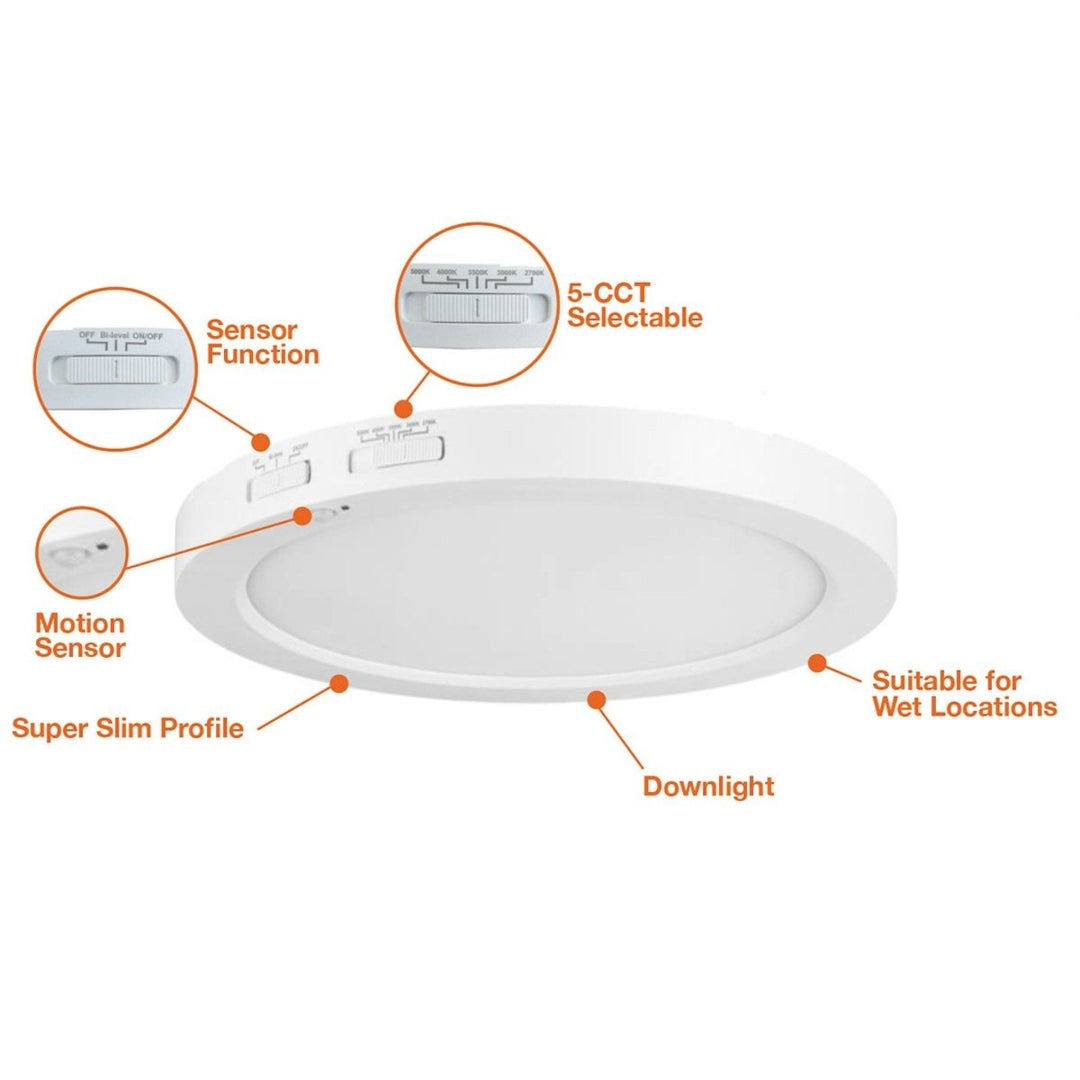 12 Inch Surface Mount LED Ceiling Light - Bi Level Motion Sensor - Dimmable - 5CCT Selectable - 23 Watts - 1950 Lumens - 120V