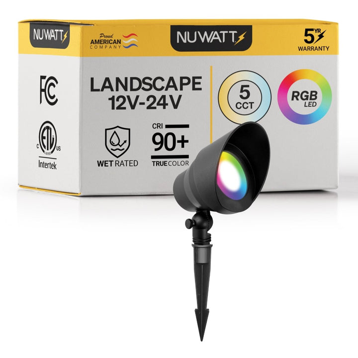 Black Low Voltage LED Landscape Flood Lights for Outdoor Gardens - RGBW Multi Color + 5CCT Flood Light Outdoor Fixture - 120 Degree Beam Spread - 5W - Aluminum