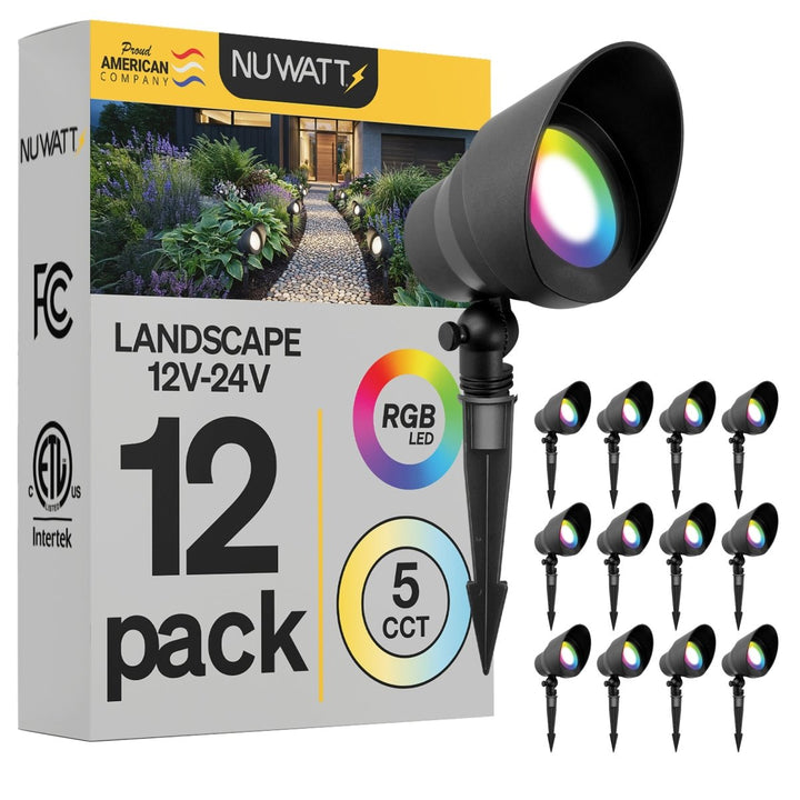Black Low Voltage LED Landscape Flood Lights for Outdoor Gardens - RGBW Multi Color + 5CCT Flood Light Outdoor Fixture - 120 Degree Beam Spread - 5W - Aluminum