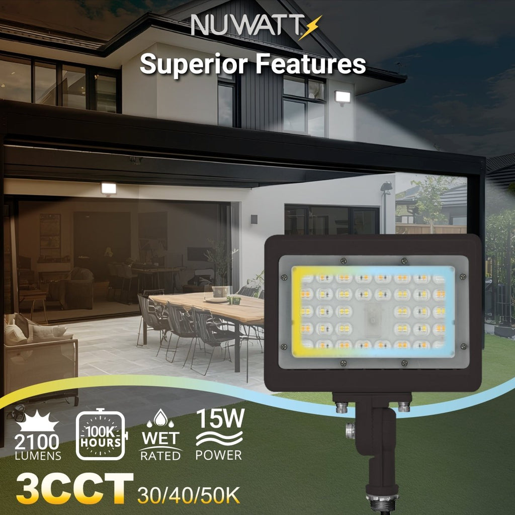 15W Bronze Flood Light LED Outdoor Security Lights - Waterproof - 3CCT 3000K-5000K - 2100LM - Knuckle Mount