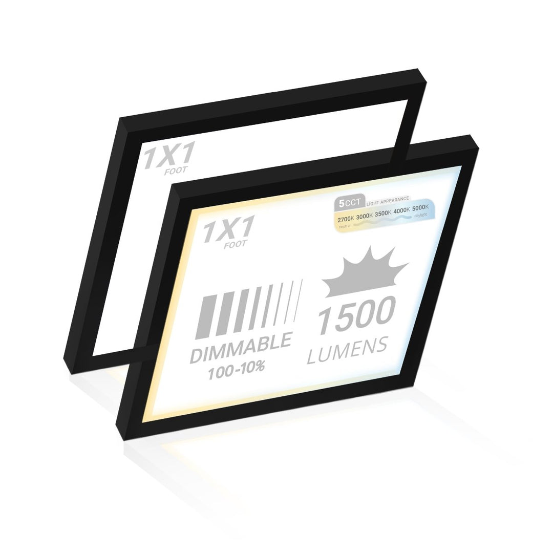 1x1 LED Flat Panel Light Surface Mount Square - Triac Dimmable - 5CCT 2700K-5000K - 1500LM - Black Trim