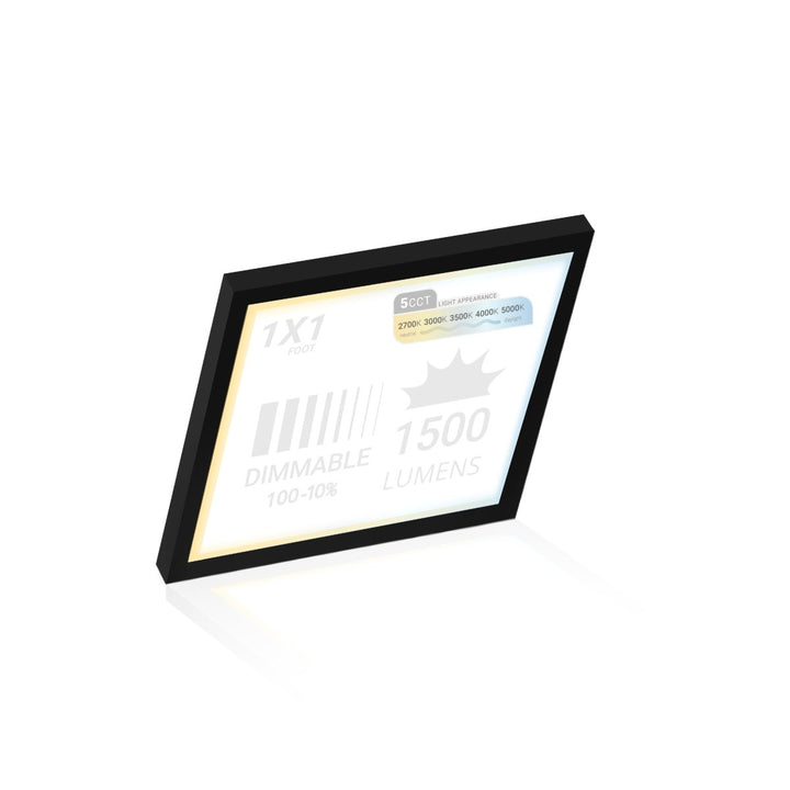 1x1 LED Flat Panel Light Surface Mount Square - Triac Dimmable - 5CCT 2700K-5000K - 1500LM - Black Trim