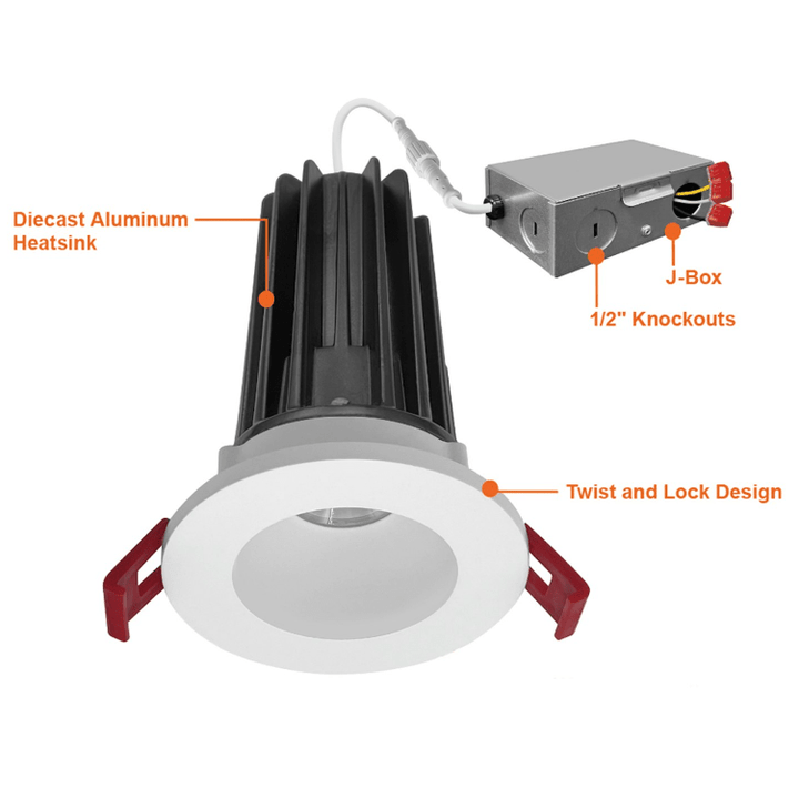 2 Inch Anti-Glare Recessed Lighting Canless LED Downlights 120V - 15W - COB LED Chip - Wet Rated - 5CCT 2700K-5000K - 1000LM