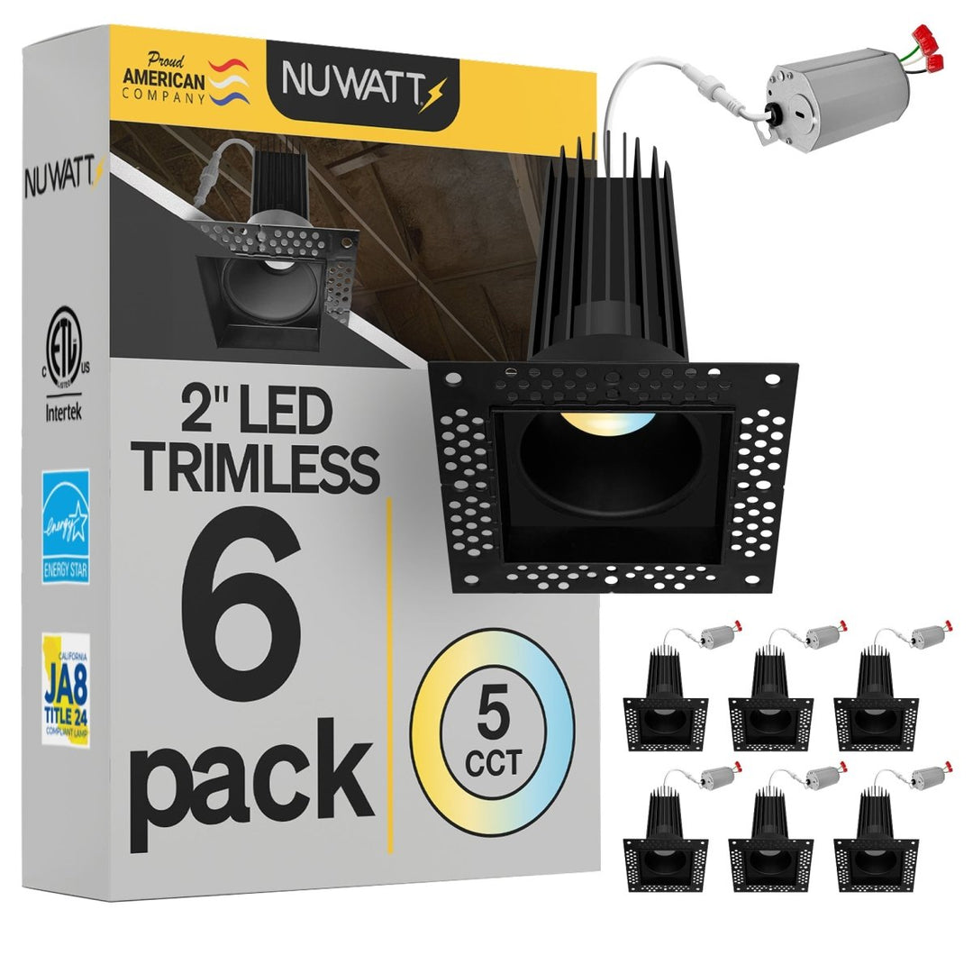 2 Inch Black Square Trimless Recessed Lighting - 15W - 1,000 Lumens - 120V