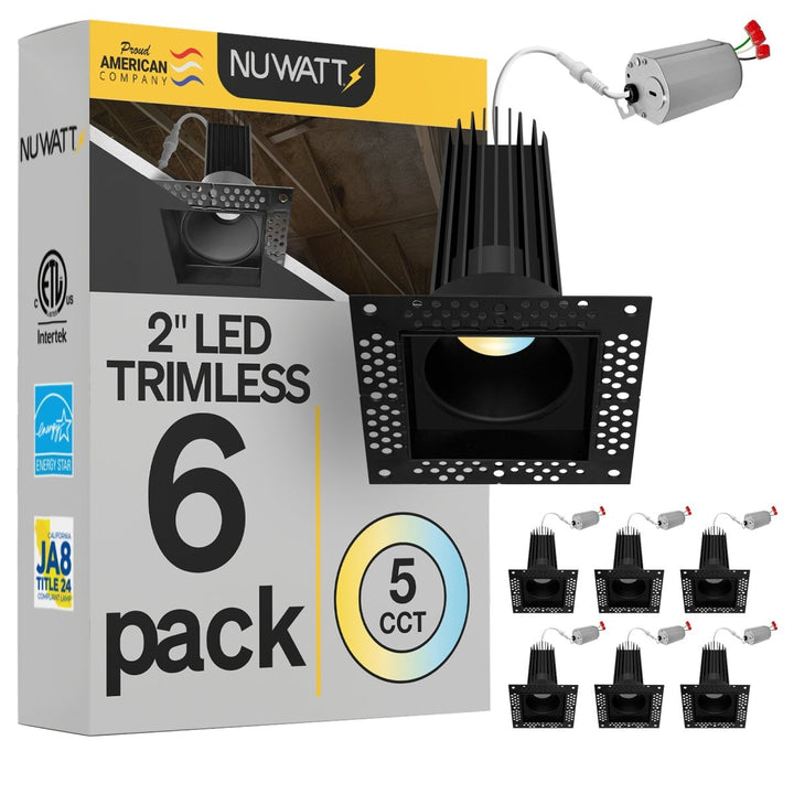 2 Inch Black Square Trimless Recessed Lighting - 15W - 1,000 Lumens - 120V