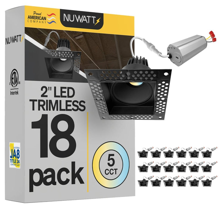 2 Inch Black Square Trimless Recessed Lighting - 8W - 600 Lumens - 120V | Nuwatt Lighting