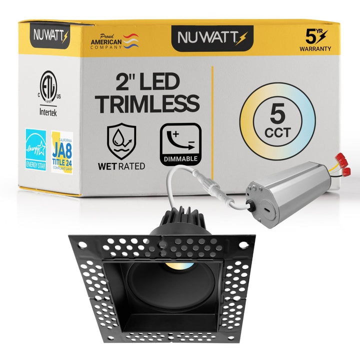 2 Inch Black Square Trimless Recessed Lighting - 8W - 600 Lumens - 120V
