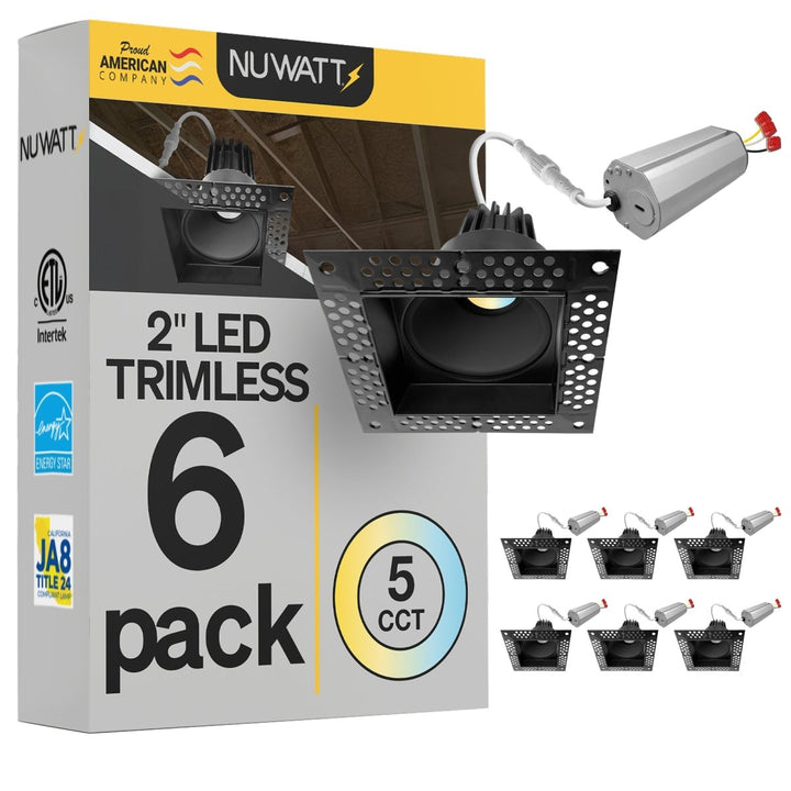 2 Inch Black Square Trimless Recessed Lighting - 8W - 600 Lumens - 120V
