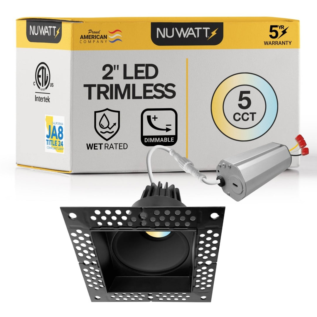 2 Inch Black Square Trimless Recessed Lighting - 8W - 600 Lumens - 120V | Nuwatt Lighting