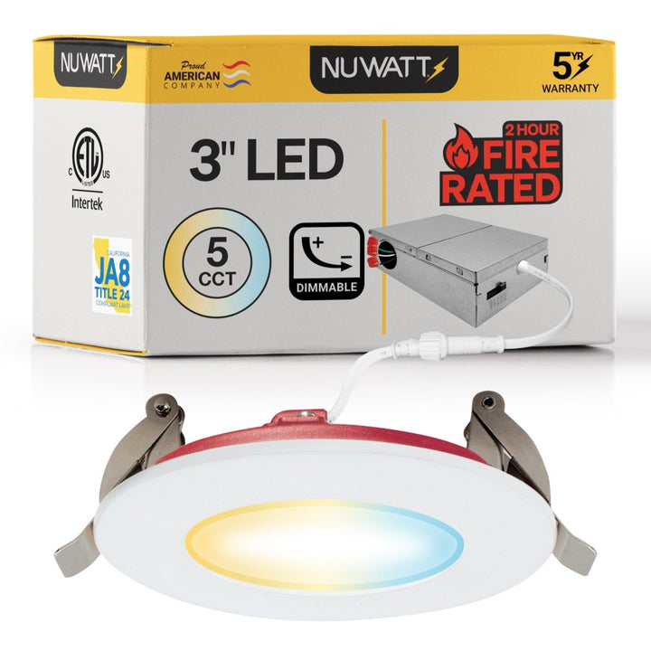3" Inch 2 Hour Fire Rated Recessed Light Slim Canless LED Wafer Lights - Wet Rated - 5CCT 2700K-5000K - 550LM