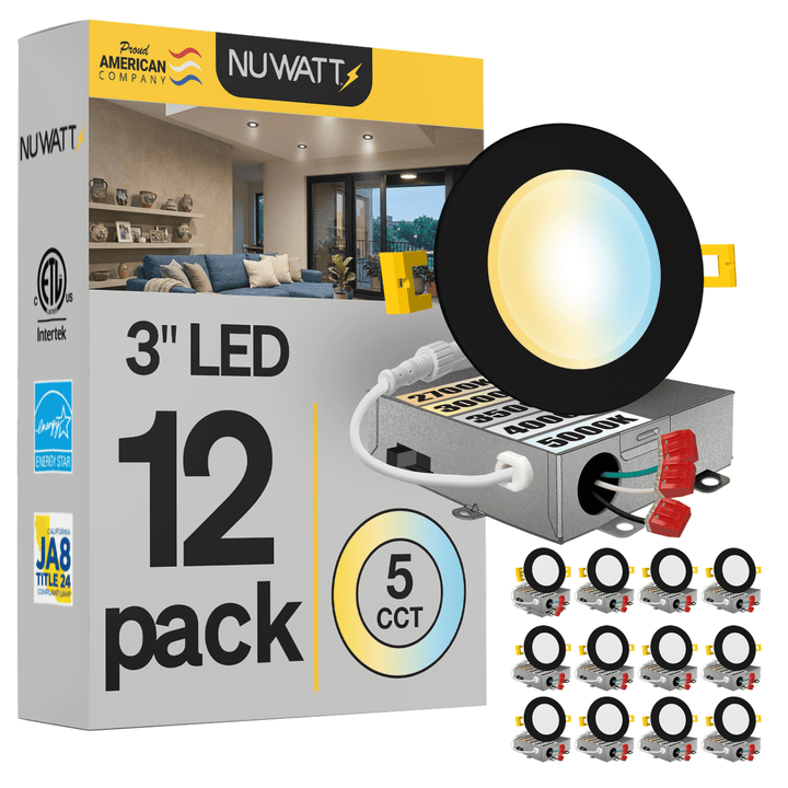 3" Inch Black Canless Recessed Lighting Slim LED Wafer Lights - Wet Rated - 5CCT 2700K-5000K - 550LM