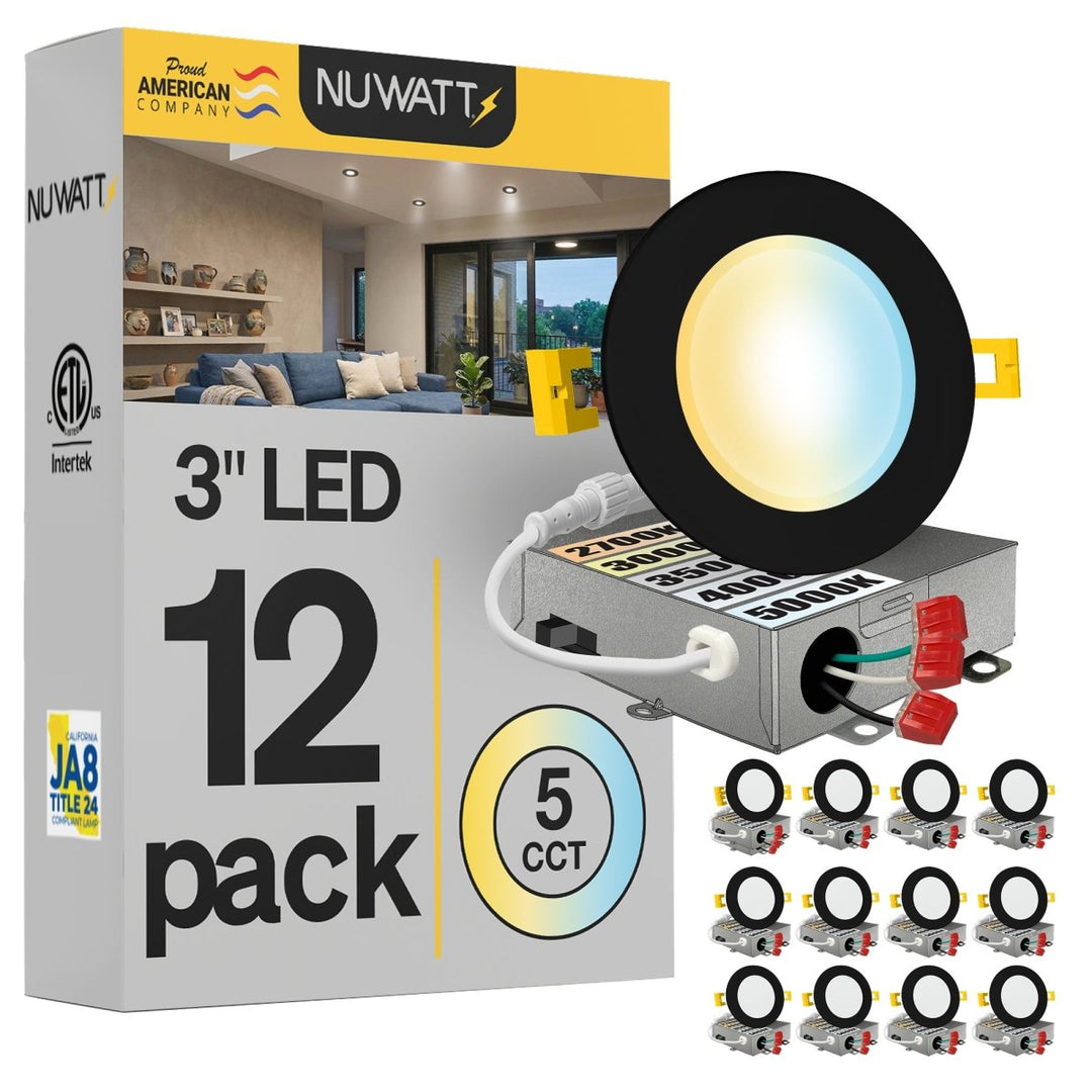 3" Inch Black Canless Recessed Lighting Slim LED Wafer Lights - Wet Rated - 5CCT 2700K-5000K - 550LM