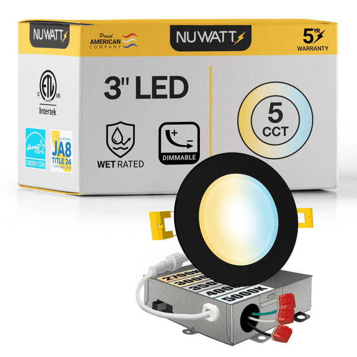 3" Inch Black Canless Recessed Lighting Slim LED Wafer Lights - Wet Rated - 5CCT 2700K-5000K - 550LM