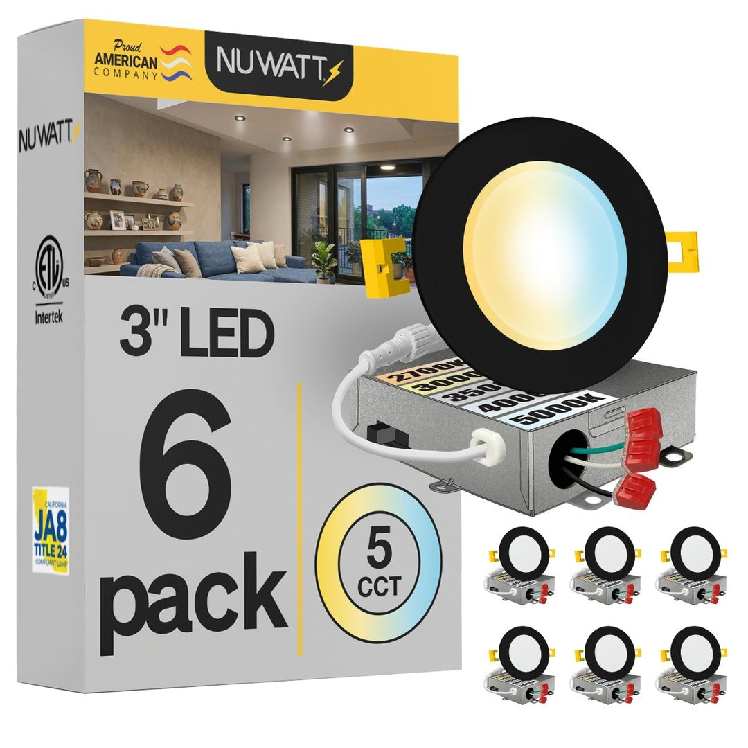 3" Inch Black Canless Recessed Lighting Slim LED Wafer Lights - Wet Rated - 5CCT 2700K-5000K - 550LM