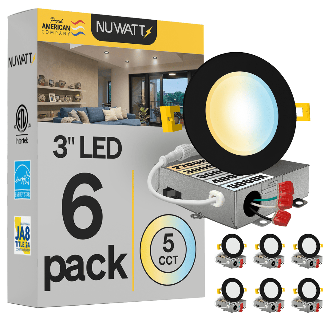 3" Inch Black Canless Recessed Lighting Slim LED Wafer Lights - Wet Rated - 5CCT 2700K-5000K - 550LM