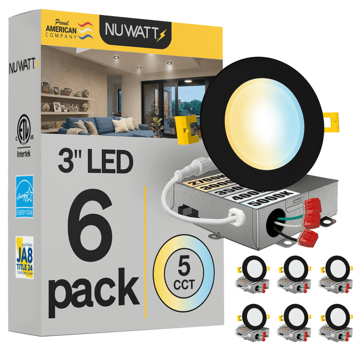 3" Inch Black Canless Recessed Lighting Slim LED Wafer Lights - Wet Rated - 5CCT 2700K-5000K - 550LM