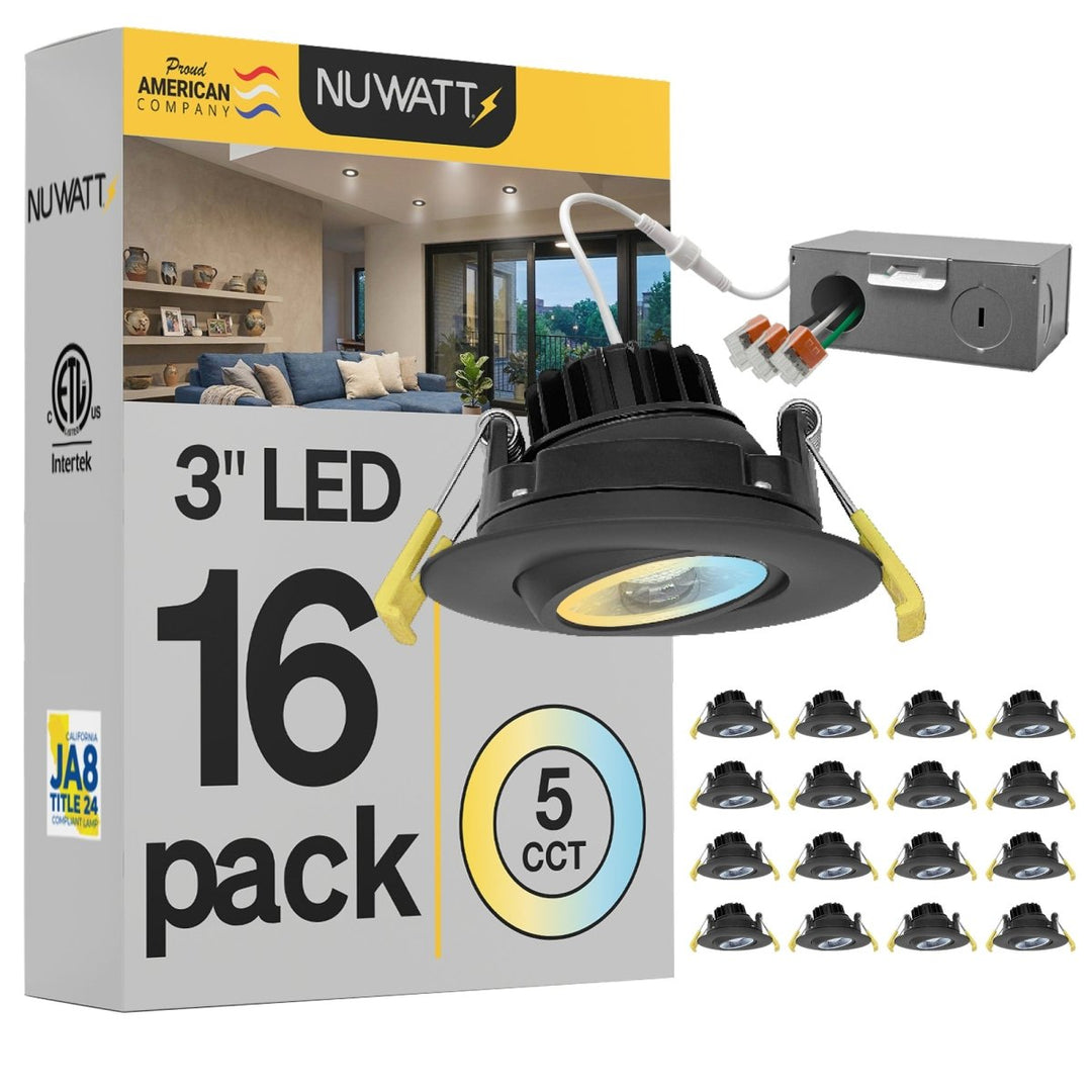 3" Inch Black Gimbal Recessed Light for Sloped Ceiling Canless LED Lighting - Wet Rated - 5CCT 2700K-5000K - 600LM | Nuwatt Lighting