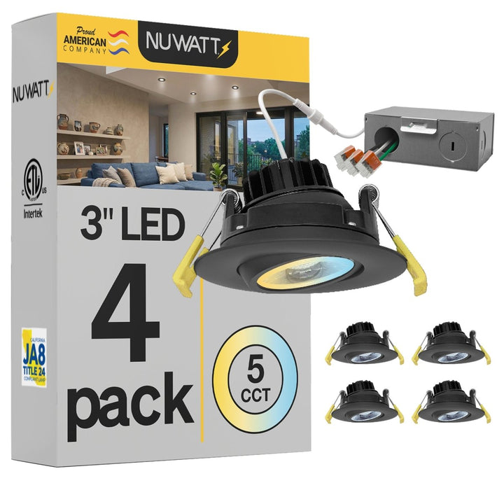 3" Inch Black Gimbal Recessed Light for Sloped Ceiling Canless LED Lighting - Wet Rated - 5CCT 2700K-5000K - 600LM | Nuwatt Lighting
