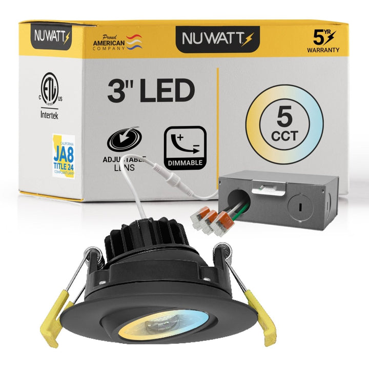 3" Inch Black Gimbal Recessed Light for Sloped Ceiling Canless LED Lighting - Wet Rated - 5CCT 2700K-5000K - 600LM | Nuwatt Lighting