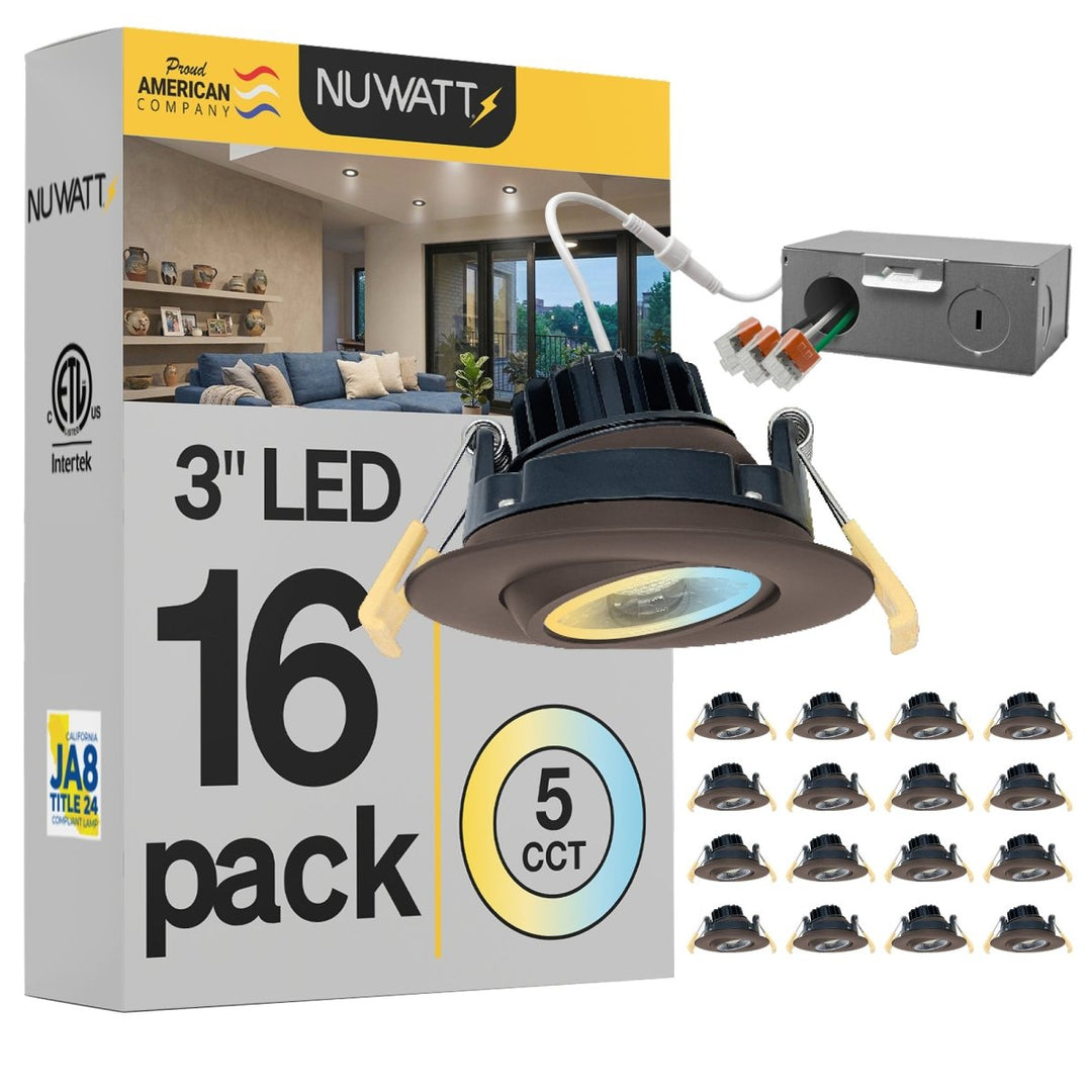 3" Inch Bronze Gimbal Recessed Light for Sloped Ceiling Canless LED Lighting - Wet Rated - 5CCT 2700K-5000K - 600LM | Nuwatt Lighting