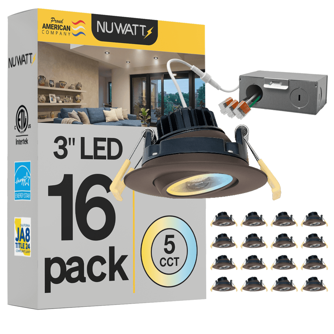 3" Inch Bronze Gimbal Recessed Light for Sloped Ceiling Canless LED Lighting - Wet Rated - 5CCT 2700K-5000K - 600LM