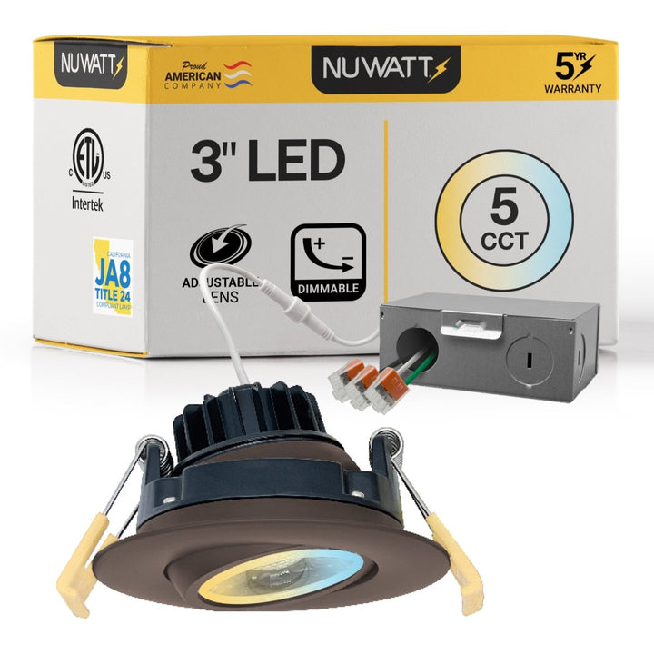 3" Inch Bronze Gimbal Recessed Light for Sloped Ceiling Canless LED Lighting - Wet Rated - 5CCT 2700K-5000K - 600LM | Nuwatt Lighting
