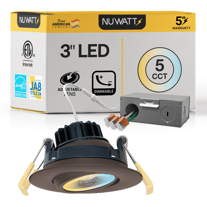 3" Inch Bronze Gimbal Recessed Light for Sloped Ceiling Canless LED Lighting - Wet Rated - 5CCT 2700K-5000K - 600LM