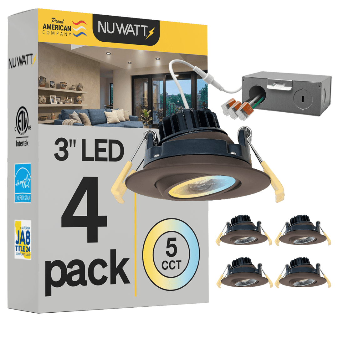 3" Inch Bronze Gimbal Recessed Light for Sloped Ceiling Canless LED Lighting - Wet Rated - 5CCT 2700K-5000K - 600LM