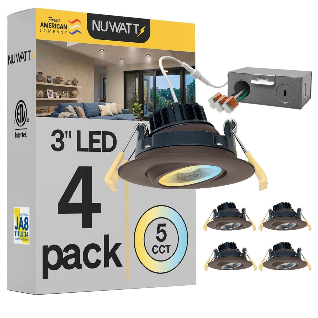3" Inch Bronze Gimbal Recessed Light for Sloped Ceiling Canless LED Lighting - Wet Rated - 5CCT 2700K-5000K - 600LM | Nuwatt Lighting