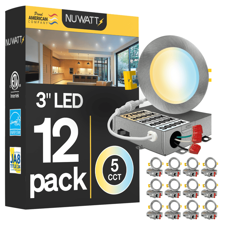 3" Inch Brushed Nickel Canless Recessed Lighting Slim LED Wafer Lights - Wet Rated - 5CCT 2700K-5000K - 550LM