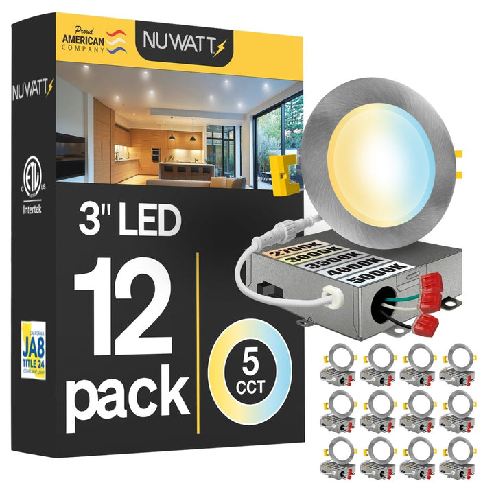 3" Inch Brushed Nickel Canless Recessed Lighting Slim LED Wafer Lights - Wet Rated - 5CCT 2700K-5000K - 550LM