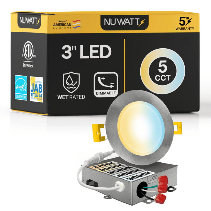 3" Inch Brushed Nickel Canless Recessed Lighting Slim LED Wafer Lights - Wet Rated - 5CCT 2700K-5000K - 550LM