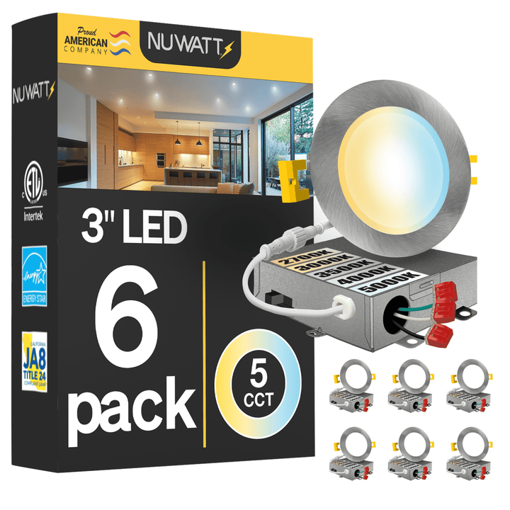 3" Inch Brushed Nickel Canless Recessed Lighting Slim LED Wafer Lights - Wet Rated - 5CCT 2700K-5000K - 550LM