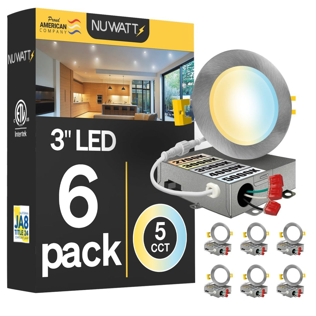 3" Inch Brushed Nickel Canless Recessed Lighting Slim LED Wafer Lights - Wet Rated - 5CCT 2700K-5000K - 550LM