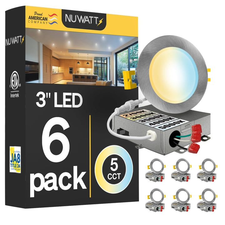 3" Inch Brushed Nickel Canless Recessed Lighting Slim LED Wafer Lights - Wet Rated - 5CCT 2700K-5000K - 550LM