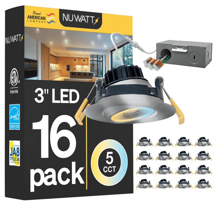 3" Inch Brushed Nickel Gimbal Recessed Light for Sloped Ceiling Canless LED Lighting - Wet Rated - 5CCT 2700K-5000K - 600LM