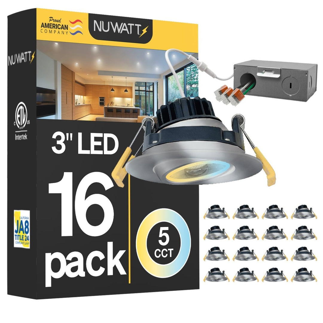 3" Inch Brushed Nickel Gimbal Recessed Light for Sloped Ceiling Canless LED Lighting - Wet Rated - 5CCT 2700K-5000K - 600LM