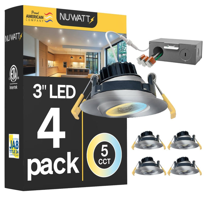 3" Inch Brushed Nickel Gimbal Recessed Light for Sloped Ceiling Canless LED Lighting - Wet Rated - 5CCT 2700K-5000K - 600LM
