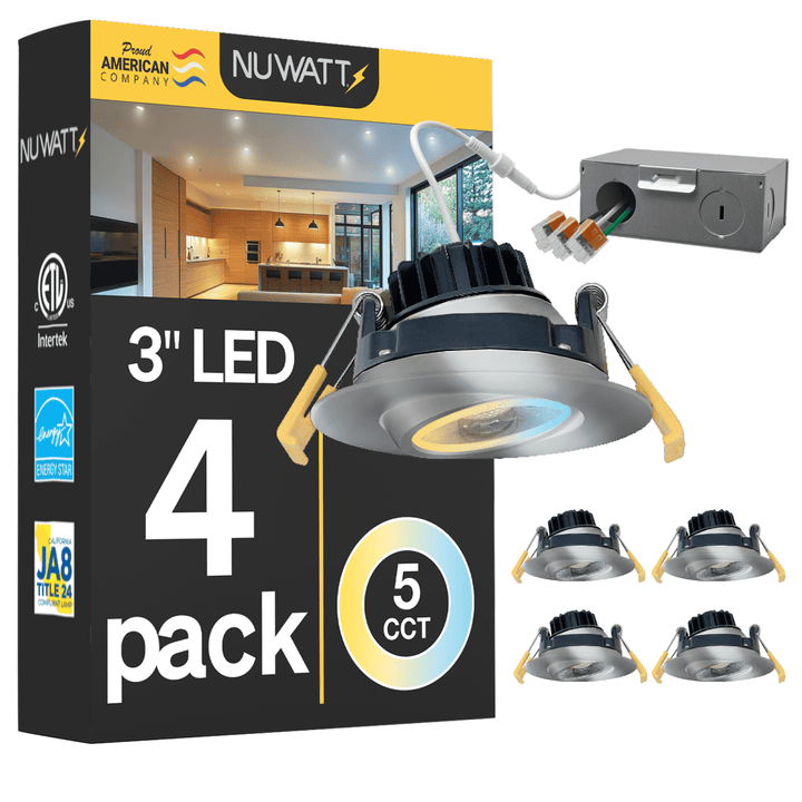 3" Inch Brushed Nickel Gimbal Recessed Light for Sloped Ceiling Canless LED Lighting - Wet Rated - 5CCT 2700K-5000K - 600LM