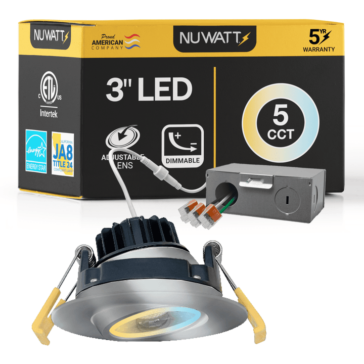 3" Inch Brushed Nickel Gimbal Recessed Light for Sloped Ceiling Canless LED Lighting - Wet Rated - 5CCT 2700K-5000K - 600LM