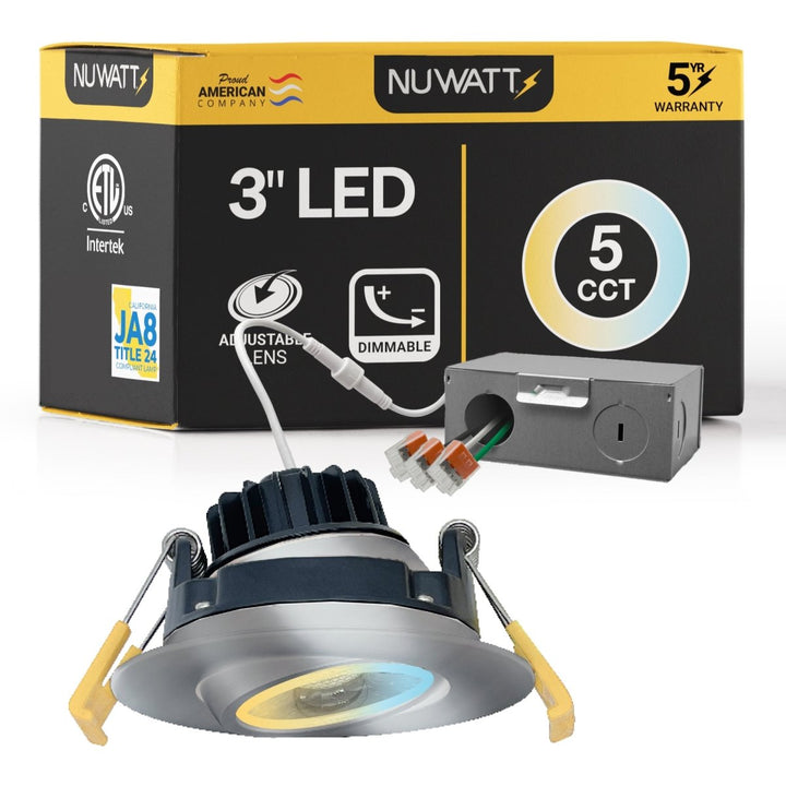 3" Inch Brushed Nickel Gimbal Recessed Light for Sloped Ceiling Canless LED Lighting - Wet Rated - 5CCT 2700K-5000K - 600LM
