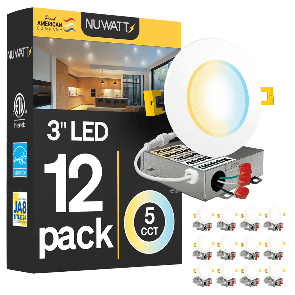 3" Inch Canless Recessed Lighting Slim LED Wafer Lights - Wet Rated - 5CCT 2700K-5000K - 550LM
