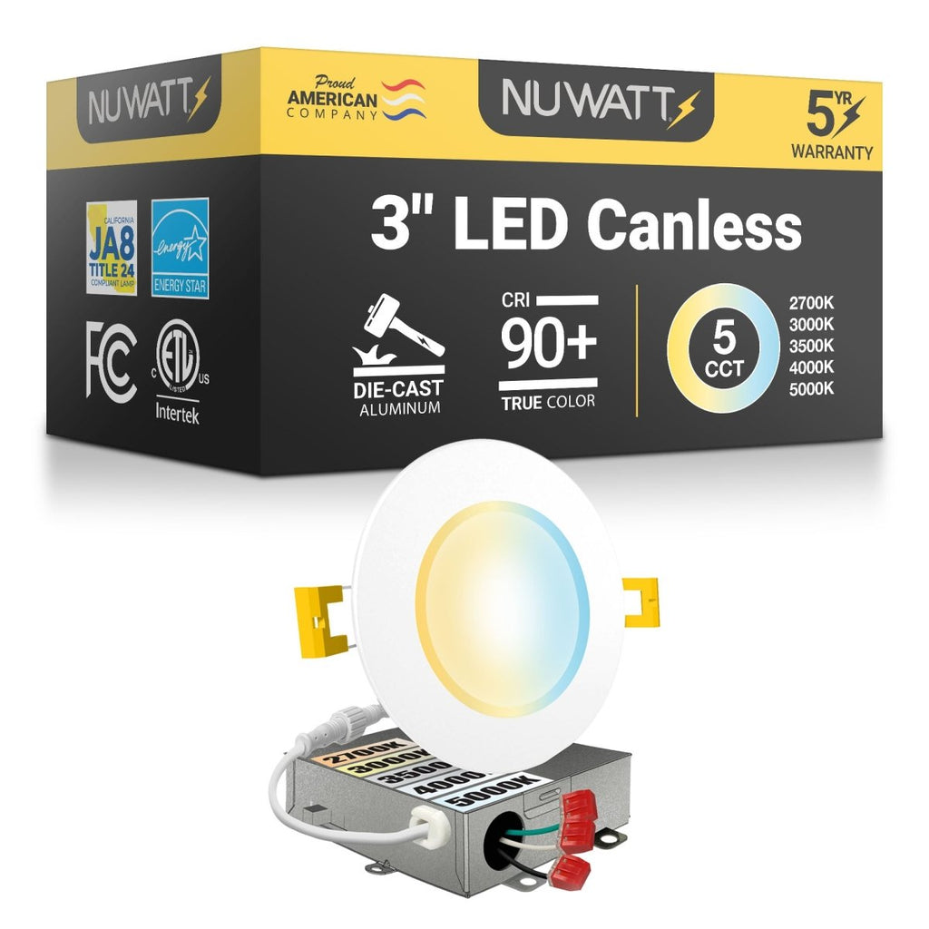 3" Inch Canless Recessed Lighting Slim LED Wafer Lights - Wet Rated - 5CCT 2700K-5000K - 550LM | Nuwatt Lighting