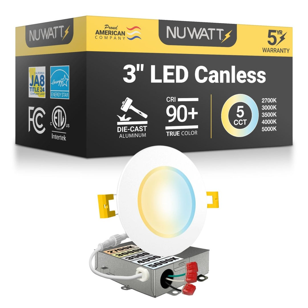 3" Inch Canless Recessed Lighting Slim LED Wafer Lights - Wet Rated - 5CCT 2700K-5000K - 550LM | Nuwatt Lighting